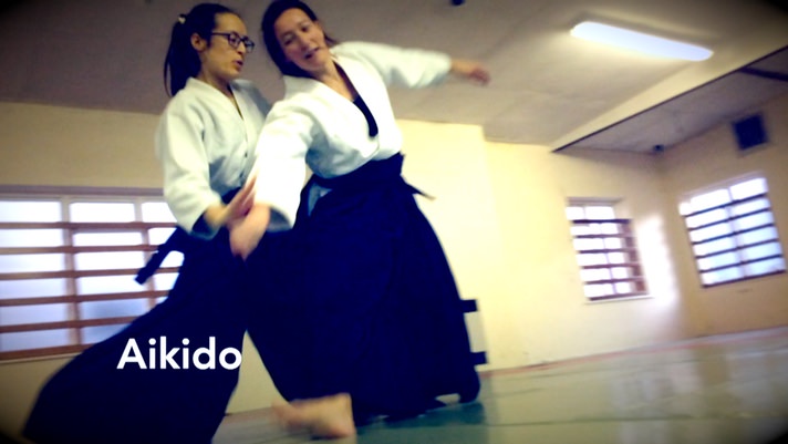 Photo of two students, Mari and Carole, practicing Aikido